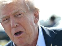 Donald Trump speaks to the press upon arrival at Republic Airport in Farmingdale, New York, on September 26, 2025.