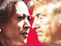 Donald Trump and Kamala Harris on a pink background