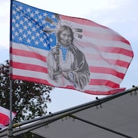 Native American flag is seen as indigenous communities around the world come together on Randall's Island for 10th annual Indigenous Peoples' Day celebration organized by the Indigenous Peoples' Day Committee (IPDNYC) in New York, United States on October 13, 2024.