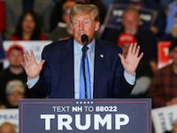Republican presidential candidate and former U.S. President Donald Trump speaks during a campaign rally in Claremont, New Hampshire