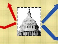 A photo illustration of the Capitol building and stock trading arrows.
