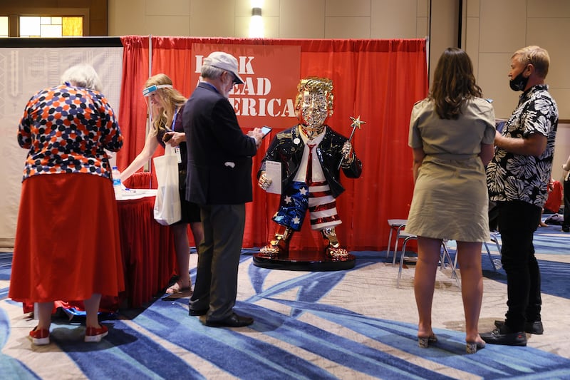 A gold statue President Donald Trump on display at the Conservative Political Action Conference on February 26, 2021 in Orlando, Florida.