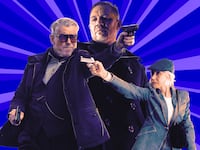 A photo illustration of Pierce Brosnan, Tom Hardy, and Helen Mirren in MobLand.