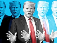 A photo illustration of Donald Trump with his hands out