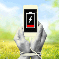 A photo illustration of a person holding a smartphone with a dead battery.
