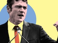 A photo illustration of Joe Kent giving a speech