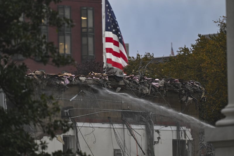 WASHINGTON DC, UNITED STATES - OCTOBER 22: A general view of the ongoing construction works on the White House grounds in Washington, D.C., United States, on October 22, 2025. The project, announced by US President Donald Trump, includes the construction of a new White House Ballroom and the complete modernization of the East Wing. (Photo by Celal Gunes/Anadolu via Getty Images)