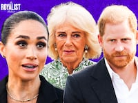 A photo illustration of Meghan Markle, Queen Camilla, and Prince Harry for The Royalist podcast.
