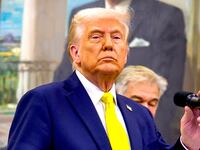 U.S. President Donald Trump, accompanied by Health and Human Services Secretary Robert F. Kennedy Jr. (L), takes a question