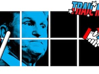 Photo illustration of a blue Joe Manchin on a black grid background.