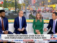Cohosts of the morning chat show Fox & Friends sit around a sofa during their October 16, 2024 broadcast.