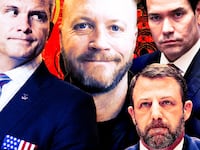 A photo illustration of Pete Hegseth, Lee Reiber, Marco Rubio, and Markwayne Mullin.