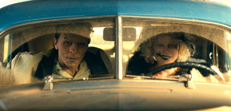 Christian Bale as Frank and Jessie Buckley as The Bride.