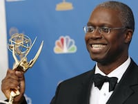 Andre Braugher poses after winning an Emmy for outstanding lead actor in a miniseries or movie