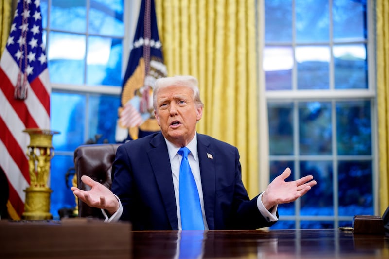 U.S. President Donald Trump speaks during an executive order signing in the Oval Office at the White House on February 11, 2025 in Washington, DC.