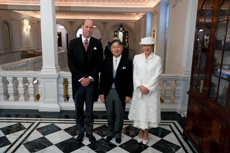 Prince William, Prince of Wales greets Emperor Naruhito and his wife Empress Masako of Japan at their hotel, on behalf of the King, before the ceremonial welcome at Horse Guards Parade