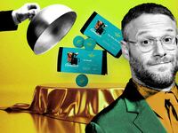 An illustration including photos of Seth Rogan and Cometeer Coffee on a table