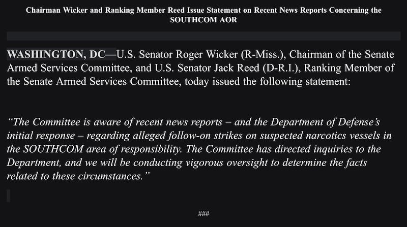 SASC Statement promising vigorous oversight into Hegseth's drug boat strikes.