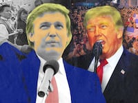 A photoillustration illo of Donald Trump at Trump Taj Mahal during his birthday party on June 26, 1990, and Donald Trump speaking during a rally to kick off the Great American State Fair on the National Mall on June 24, 2026 in Washington, DC.