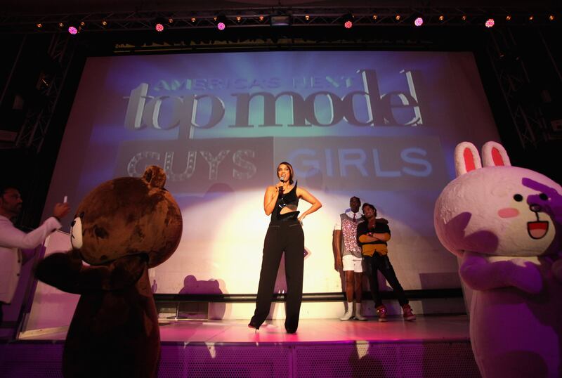 Model Tyra Banks speaks onstage at America's Next Top Model Cycle 21 premiere party in 2014.