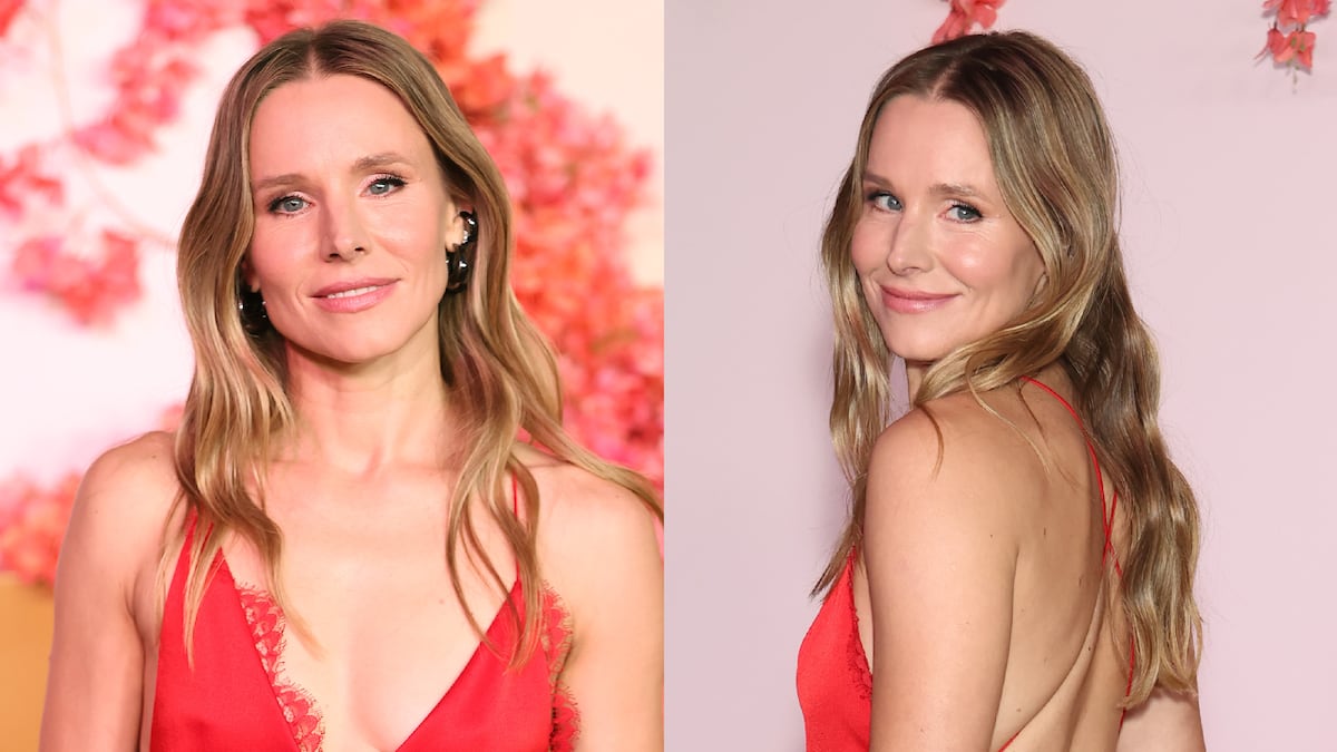 kristen bell red dress Kristen Bell's Staud Satin Phare Maxi Dress