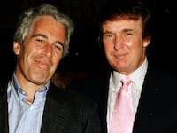 Jeffrey Epstein (left) and Donald Trump pose together at the Mar-a-Lago estate, Palm Beach, Florida on February 22, 1997.