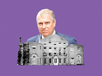 A photo illustration of Prince Andrew peeking out from behind Royal Lodge
