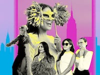 A photo illustration of the cast of Real Housewives of New York City Season 14 showing Jessel Taank, Brynn Whitfield, Jenna Lyons, Sai De Silva, and Erin Lichy.