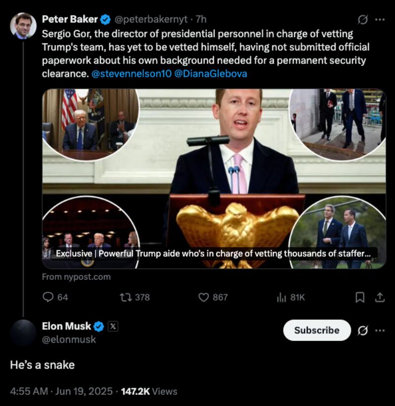 A screenshot of Musk's tweet calling Gor a snake.