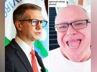 A composite of Congressman Riley Moore and a clip of a fake AI Tim Walz video.