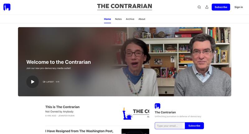 The homepage for The Contrarian on Monday morning. It will cost subscribers $7 a month.