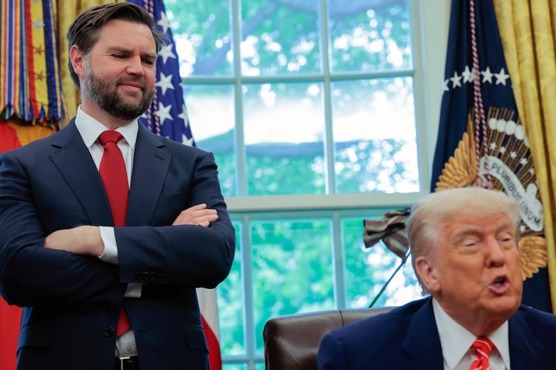 President Donald Trump and Vice President J.D. Vance address reporters in the Oval Office at the White House on May 8, 2025 in Washington, D.C.