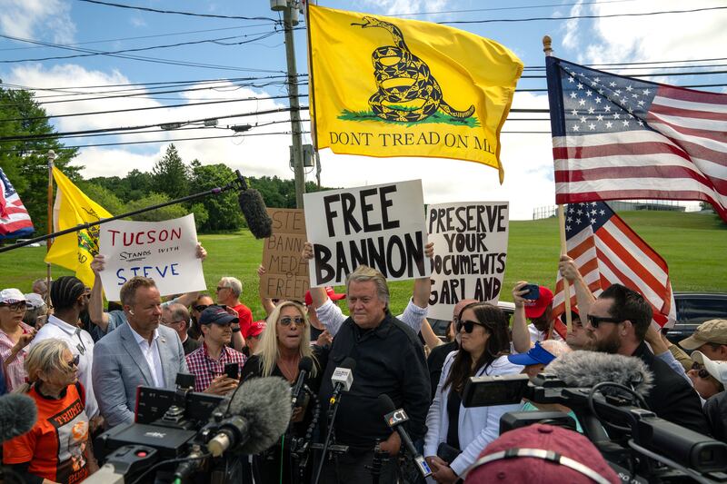 DANBURY, CONNECTICUT - JULY 1: Steve Bannon, the former Donald Trump White House strategist, addresses the media at the Federal Correctional Institution Danbury where he is expected to begin his four-month sentence on July 1, 2024 in Danbury, Connecticut. Bannon will be imprisoned for contempt of Congress, his conviction for not complying with issued subpoenas by the now-defunct House Select Committee that investigated the January 6, 2021 attack on the Capitol. Bannon attempted to avoid reporting to prison while challenging his conviction before the federal appeals court in Washington, DC but was denied by the Supreme Court. (Photo by David Dee Delgado/Getty Images)