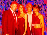 A photo illustration of Donald Trump, Melania Trump, Jeffrey Epstein, and Ghislaine Maxwell on a background of a Trump 2024 Presidential rally.