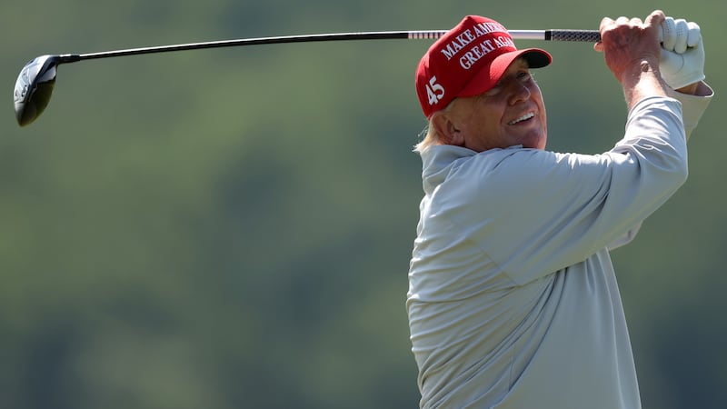 President Donald Trump golfing at Trump National Golf Club in 2023.
