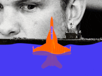 Photo illustrative gif of a plane bobbing up and down in water in front of the USS Harry Truman and Pete Hegseth