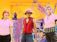A photo illustration of Emily Rudd as Nami, Iñaki Godoy as Monkey D. Luffy, Mackenyu Arata as Roronoa Zoro in One Piece.