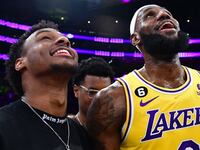 Los Angeles Lakers forward LeBron James pictured with his son Bronny James.