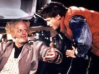 A production still of Christopher Lloyd and Michael J. Fox in 'Back to the Future,' the movie.