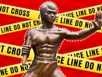 A photo illustration of the stolen Bruce Lee statue in Mostar, Bosnia.
