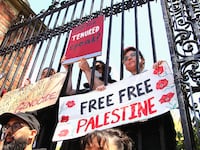 Harvard faculty and staff hold signs from inside Harvard Yard during a press conference by faculty supporters of the Harvard Out of Palestine coalition outside Harvard Yard.