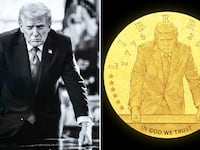 Donald Trump portrait by Daniel Torok and the design for commemorative Trump coin in 24-karat gold.