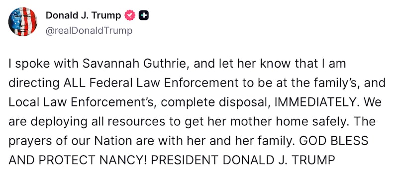 Donald Trump posts about Savannah Guthrie's mom Nancy on Truth Social.