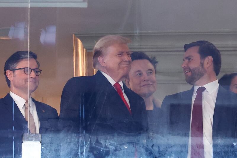 (L-R) Speaker of the House Mike Johnson (R-LA), U.S. President-elect Donald Trump, Tesla CEO Elon Musk, and Vice President-elect JD Vance attend the 125th Army-Navy football game at Northwest Stadium on December 14, 2024 in Landover, Maryland.