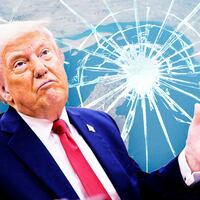 A photo illustration of Donald Trump shrugging in front of a satellite image of a broken Strait of Hormuz.
