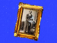 A photo illustration of a portrait of Harriet Tubman in a vintage broken picture frame.