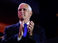 A picture of Republican presidential candidate, former Vice President Mike Pence, whose campaign is reportedly selling merch with a quote from Trump’s latest indictment.