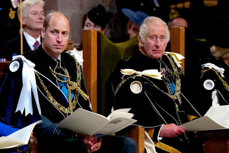 Britain's Prince William and King Charles III during the National Service of Thanksgiving and Dedication for King Charles and Queen Camilla, and the presentation of the Honours of Scotland, at St Giles' Cathedral, Edinburgh.