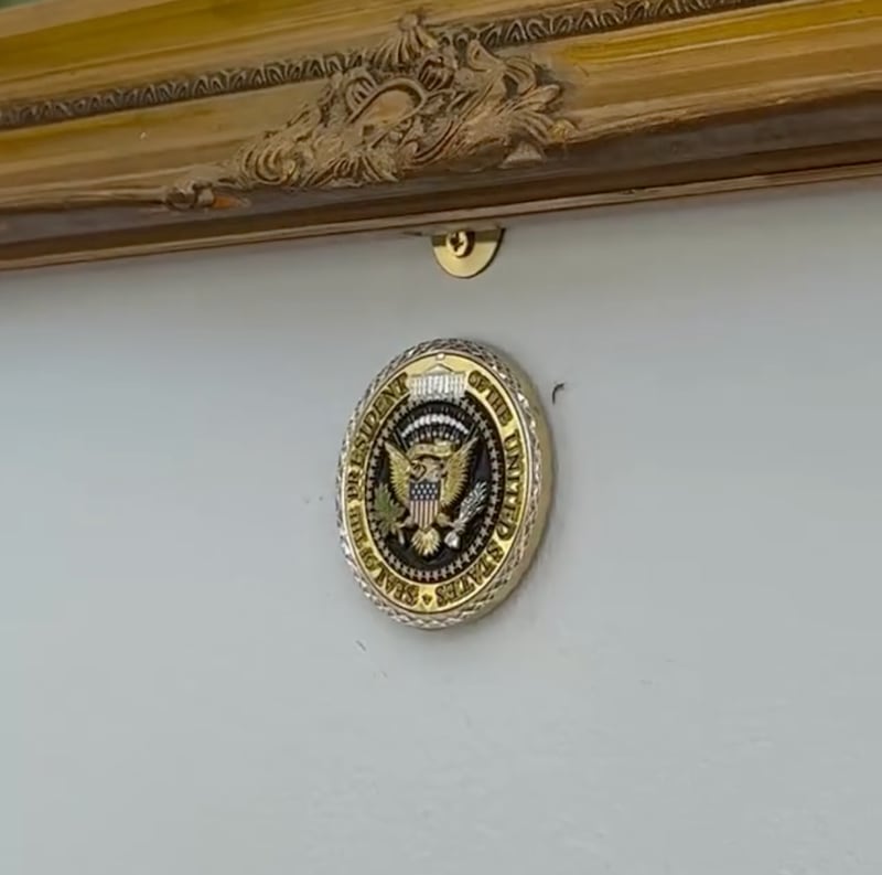 One of several golden, presidential medallions that Lara Trump claims her father-in-law has installed throughout the White House, including in its showers.