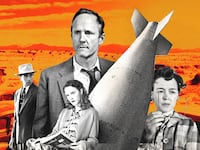 A photo illustration of the cast of WGN's Manhattan show featuring John Benjamin Hickey, Rachel Brosnahan, and Olivia Williams